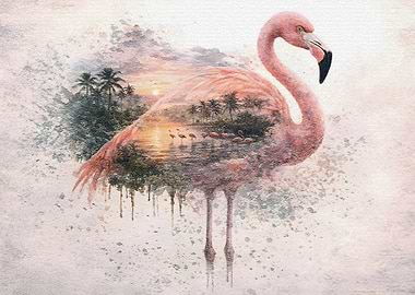 Flamingo with Tropical Sunset Landscape