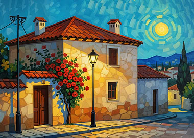 Village House with Roses and Lamp