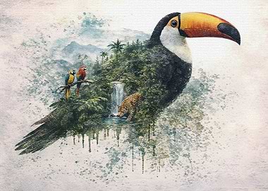 Toucan with Jungle Landscape Inside