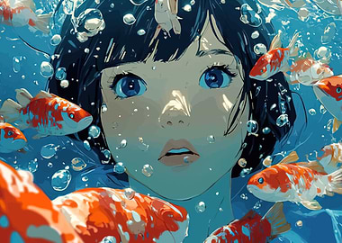 Girl Underwater with Koi Fish