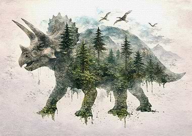 Triceratops Forest Landscape Double Exposure