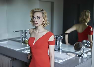 sarah gadon in Red Dress by Bathroom Counter