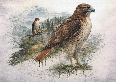 Hawks and Deer in a Forest Landscape