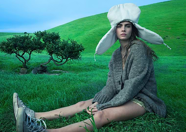 cara delevingne vogue in a large hat in a grassy field