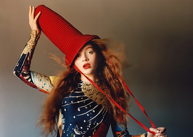 sadie sink in Red Hat and Patterned Dress