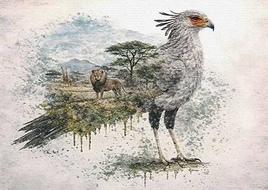 Secretary Bird with African Landscape Overlay