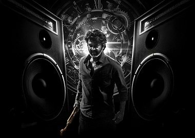 Man with Speakers and Clockwork Background