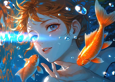 Anime Girl with Koi Fish