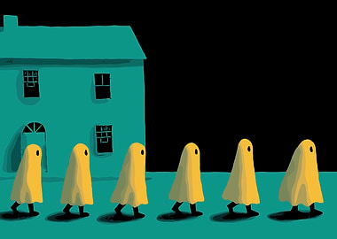 Ghosts walking in front of a house