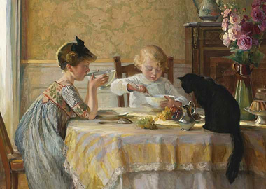 Children and Cat at Breakfast Table