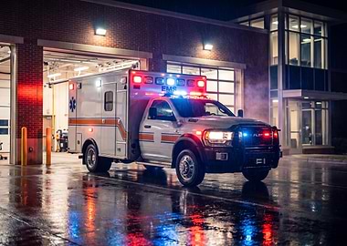 Ambulance with Emergency Lights at Night