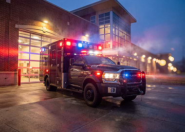 Ambulance parked outside fire station at night