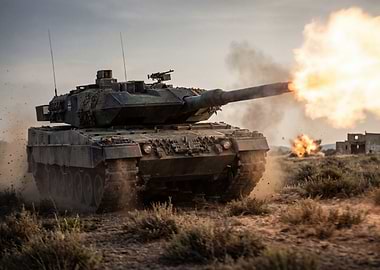 Tank firing in a desert landscape
