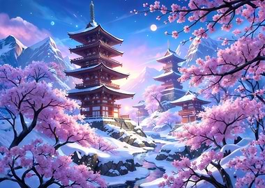 Pagoda in Snowy Cherry Blossom Landscape