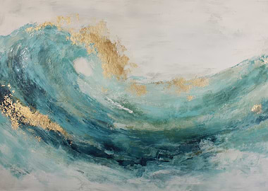 Abstract Gold and Teal Wave Painting