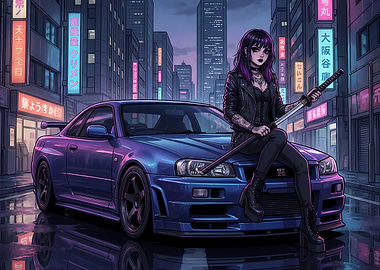 Blue R34 GTR with anime girl sitting on the hood