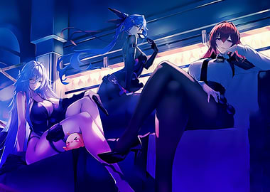 Three anime women in dark outfits