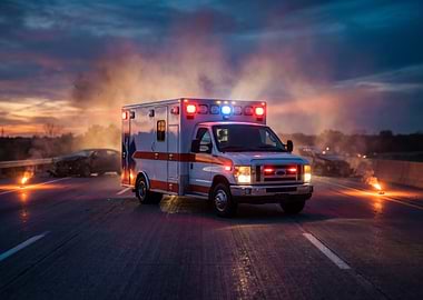Ambulance at accident scene at dusk