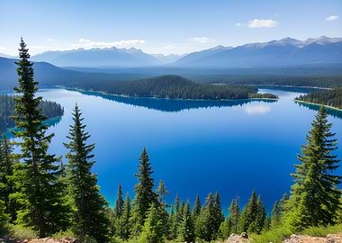 Blue Lake Surrounded by Pine Forests and Mountains