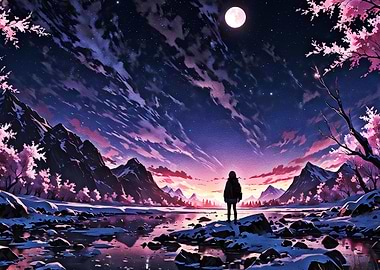 Anime Landscape Under a Full Moon