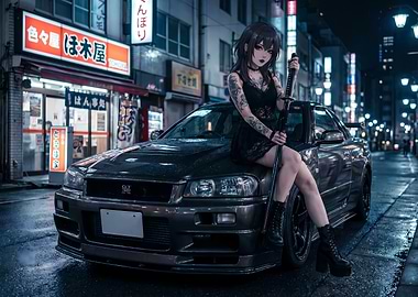 Grey GTR R34 with anime girl on hood