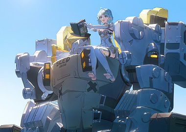 Anime Girl Reading on a Giant Robot