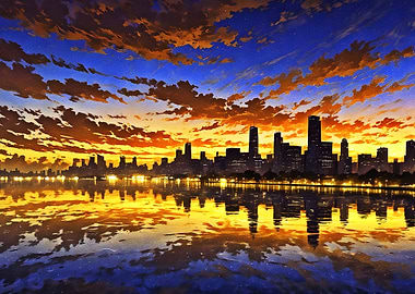 City Skyline at Sunset Reflection