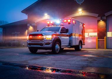 Ambulance at Fire Station at Dusk