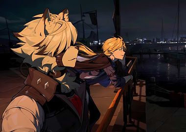 Two characters by the water at night