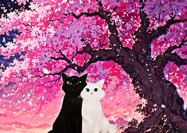 Two Cats Under Cherry Blossoms
