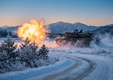 Tank Firing in Snowy Landscape