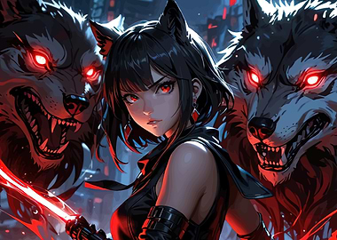 Anime Girl with Wolves and Energy Sword