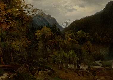 Alpine Valley with Village and Mountains