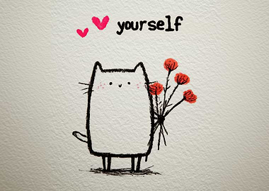 Cute Cat with Flowers and Hearts