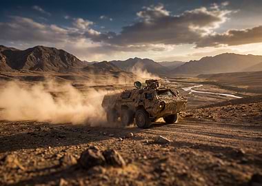 Armored Vehicle in Desert Landscape