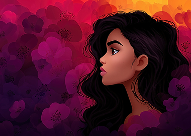 Woman in Profile Amidst Floral Background