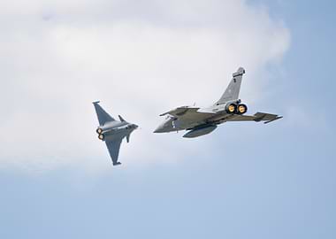 Two fighter jets french rafale in flight