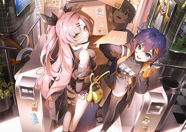 Anime girls with boxes and arcade machines