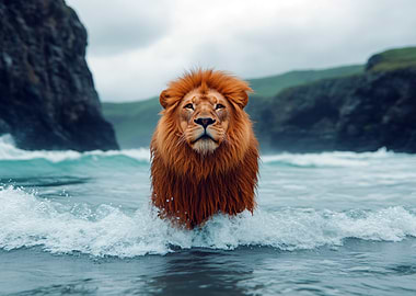 Lion emerging from the ocean