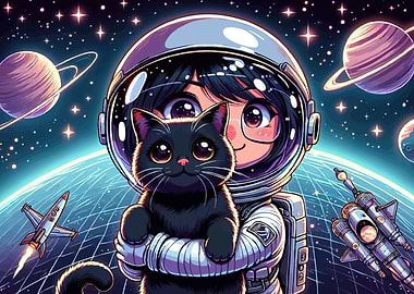 Astronaut Girl Hugging Black Cat in Space