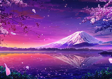 Mount Fuji at sunset with cherry blossoms