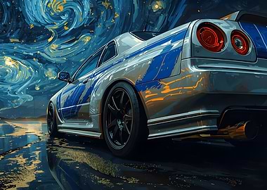 Silver Blue Stripes Car in Starry Night Style