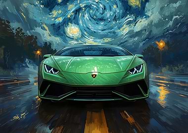 Green Super Car in Starry Night Style