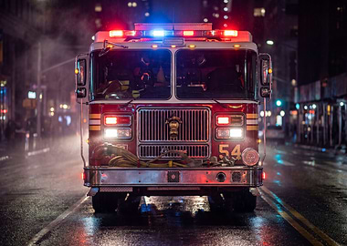 Fire Truck in City at Night