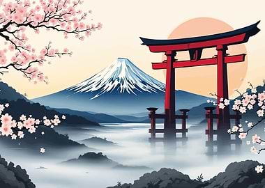 Mount Fuji Torii Gate Cherry Blossoms