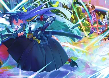 Anime warrior with swords and energy blasts