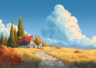 Cozy House in Autumn Landscape