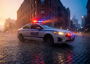 Police car in a rainy city street
