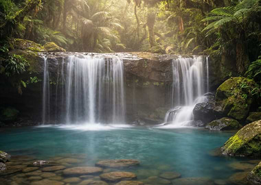 Lush Waterfall in a Tropical Forest