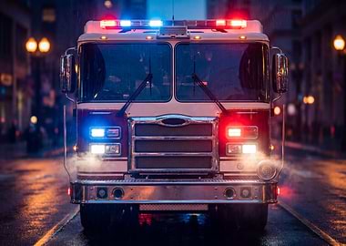 Fire Truck with Lights on Rainy Street